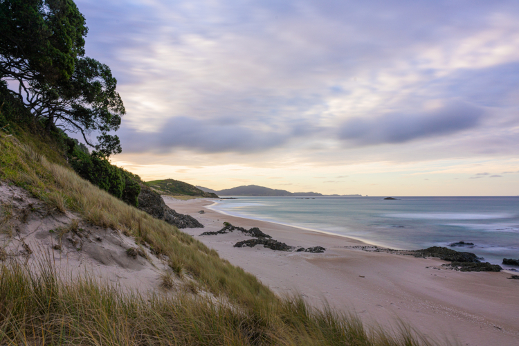 The view of Whangarei heads from Ruakaka beach