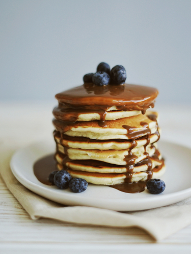 Blueberry and Salted Rewarewa caramel Huhu grub flour pancake stack
